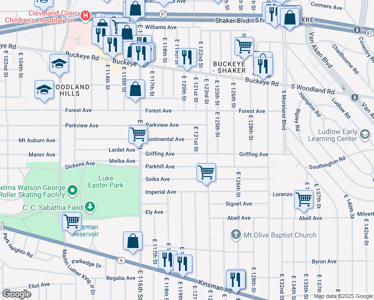 map of restaurants, bars, coffee shops, grocery stores, and more near 12022 Griffing Avenue in Cleveland