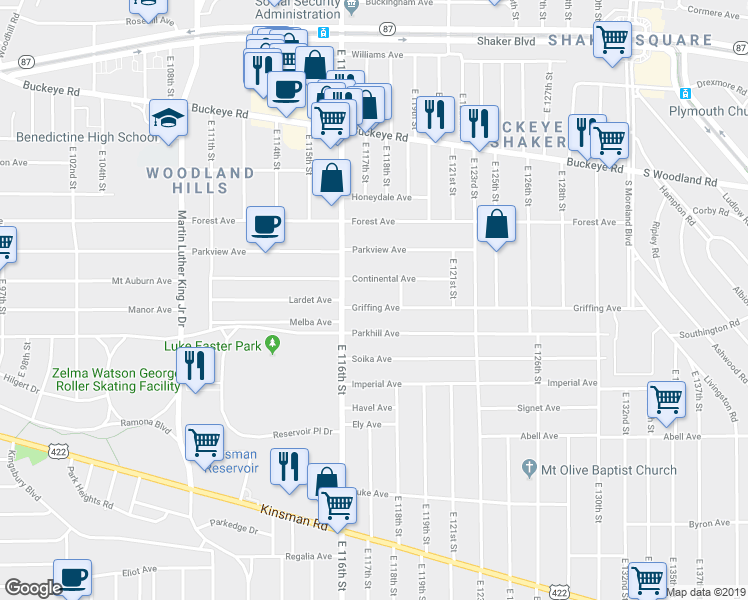 map of restaurants, bars, coffee shops, grocery stores, and more near 11714 Griffing Avenue in Cleveland