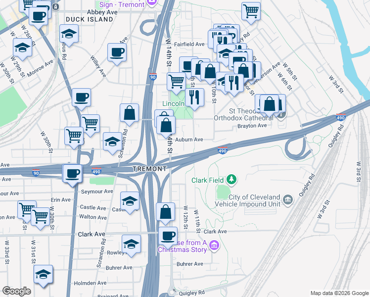 map of restaurants, bars, coffee shops, grocery stores, and more near 1135 Auburn Avenue in Cleveland