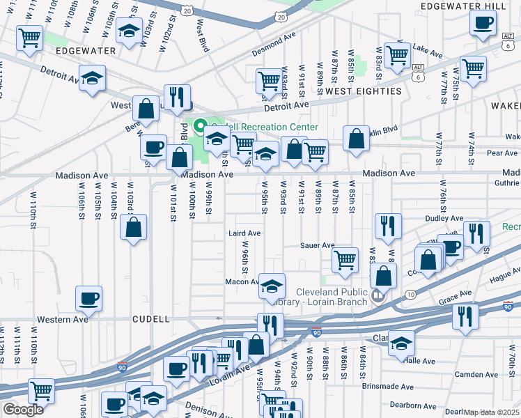 map of restaurants, bars, coffee shops, grocery stores, and more near 2077 West 95th Street in Cleveland