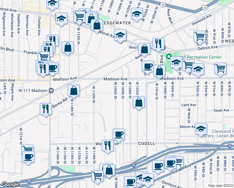 map of restaurants, bars, coffee shops, grocery stores, and more near 2072 West 105th Street in Cleveland