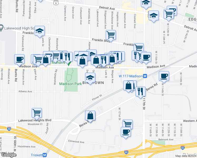 map of restaurants, bars, coffee shops, grocery stores, and more near 2065 Robin Street in Lakewood