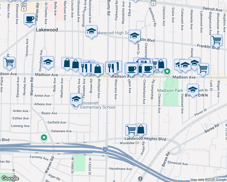 map of restaurants, bars, coffee shops, grocery stores, and more near 2073 Bunts Road in Lakewood