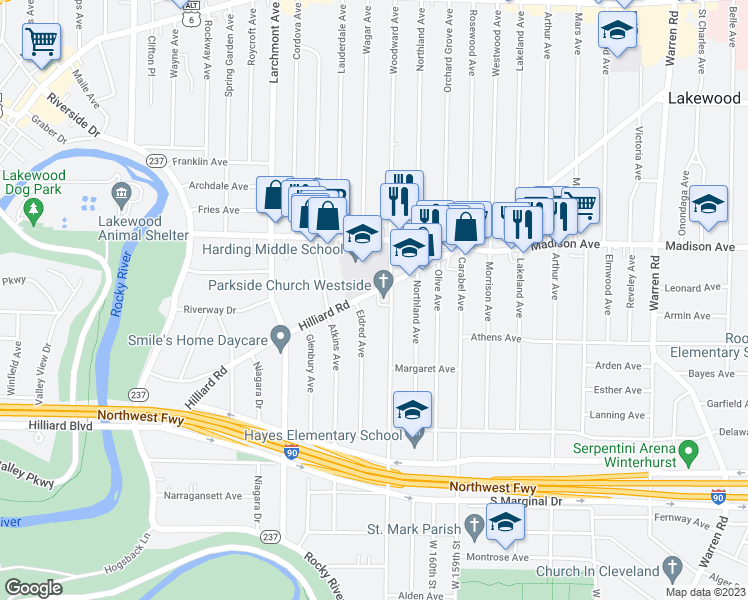 map of restaurants, bars, coffee shops, grocery stores, and more near 2116 Eldred Avenue in Lakewood