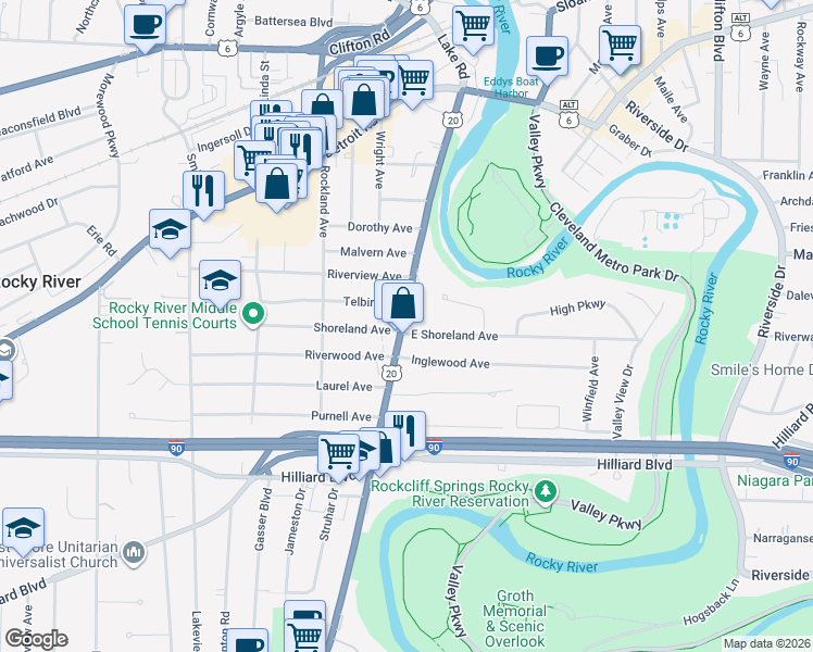 map of restaurants, bars, coffee shops, grocery stores, and more near in Rocky River