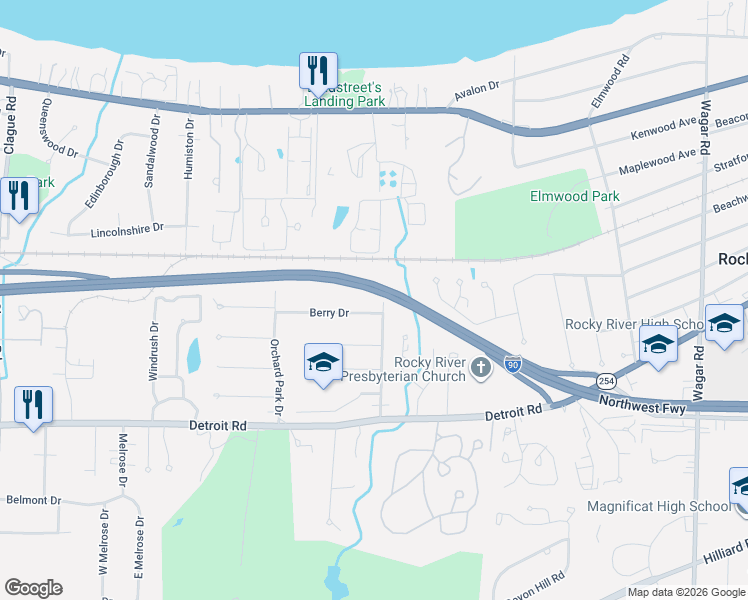 map of restaurants, bars, coffee shops, grocery stores, and more near 22269 Berry Drive in Rocky River
