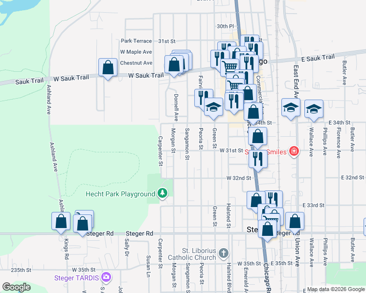 map of restaurants, bars, coffee shops, grocery stores, and more near 3103 Morgan Street in Steger