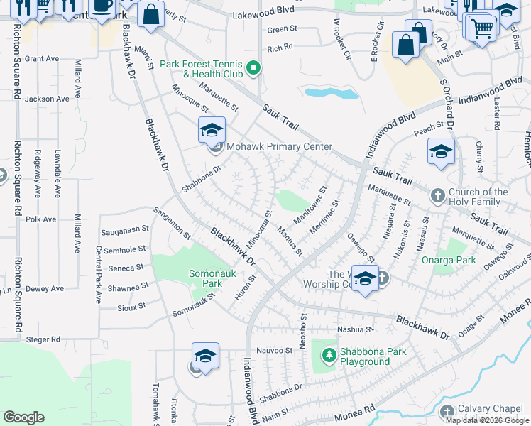 map of restaurants, bars, coffee shops, grocery stores, and more near 254 Minocqua Street in Park Forest