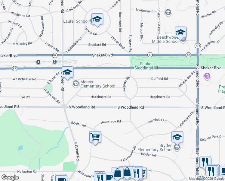 map of restaurants, bars, coffee shops, grocery stores, and more near 24001 Hazelmere Road in Shaker Heights