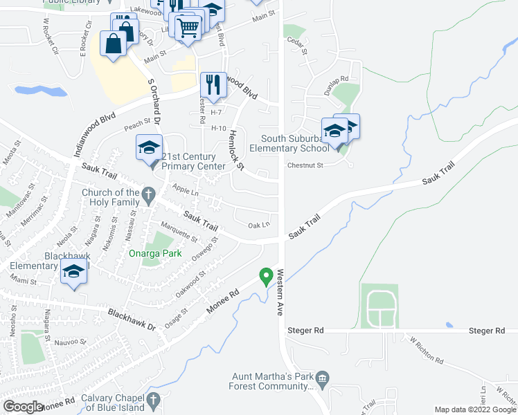 map of restaurants, bars, coffee shops, grocery stores, and more near 12 Apple Lane in Park Forest