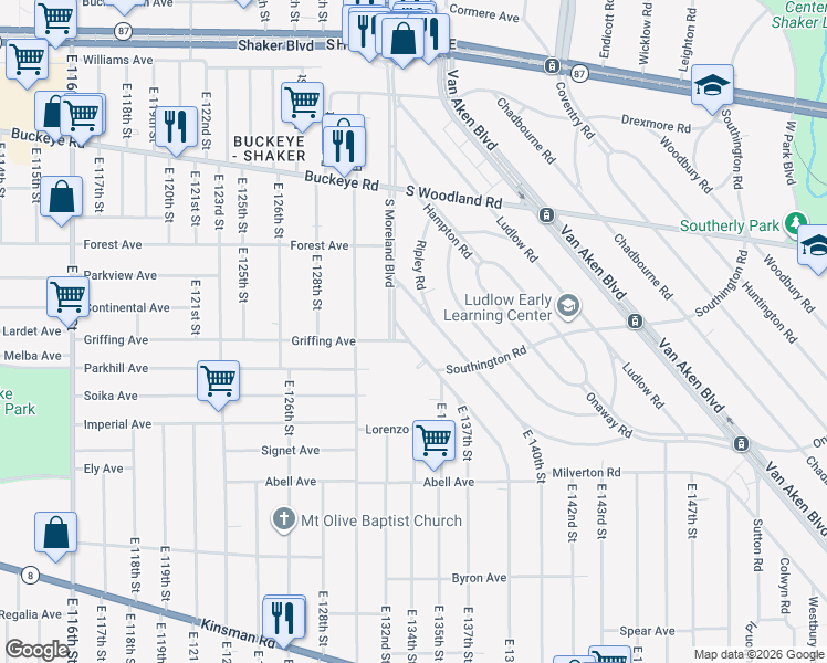 map of restaurants, bars, coffee shops, grocery stores, and more near 3061 Livingston Road in Cleveland