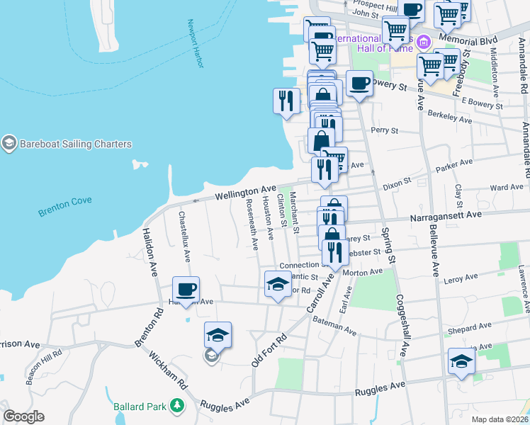 map of restaurants, bars, coffee shops, grocery stores, and more near 56 Houston Avenue in Newport
