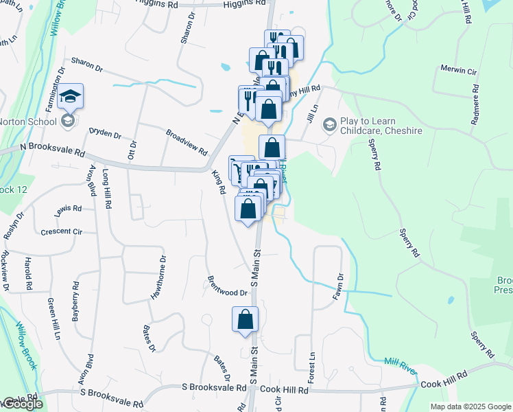 map of restaurants, bars, coffee shops, grocery stores, and more near 1057 South Main Street in Cheshire