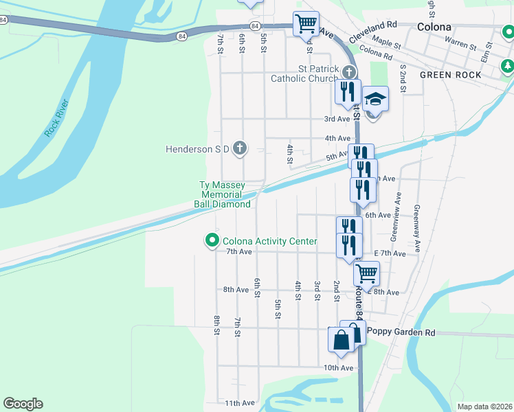 map of restaurants, bars, coffee shops, grocery stores, and more near 504 6th Street in Colona