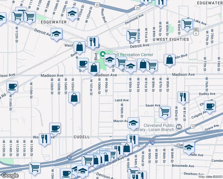 map of restaurants, bars, coffee shops, grocery stores, and more near 2054 West 98th Street in Cleveland