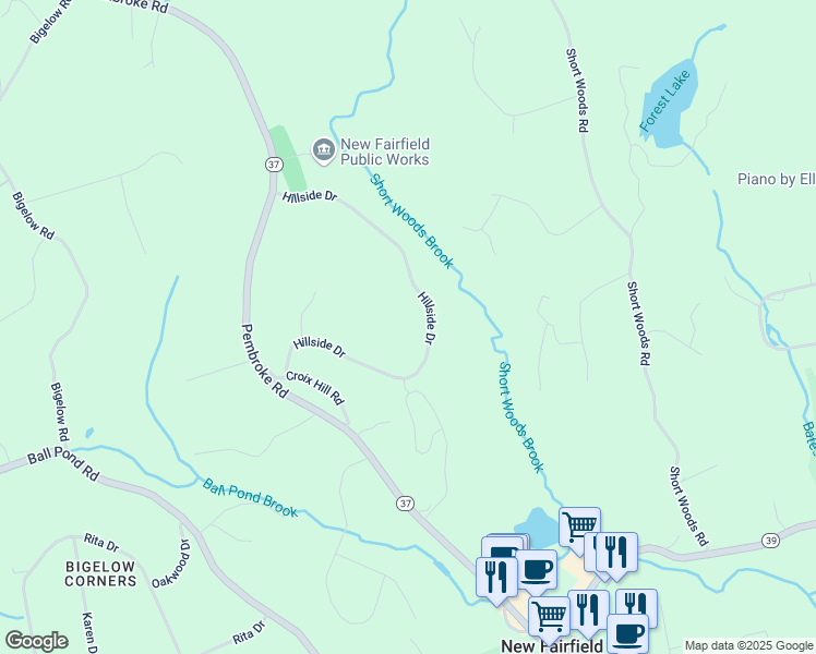 map of restaurants, bars, coffee shops, grocery stores, and more near 23 Hillside Drive in New Fairfield