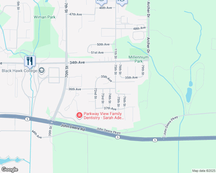 map of restaurants, bars, coffee shops, grocery stores, and more near 3603 74th Street in Moline