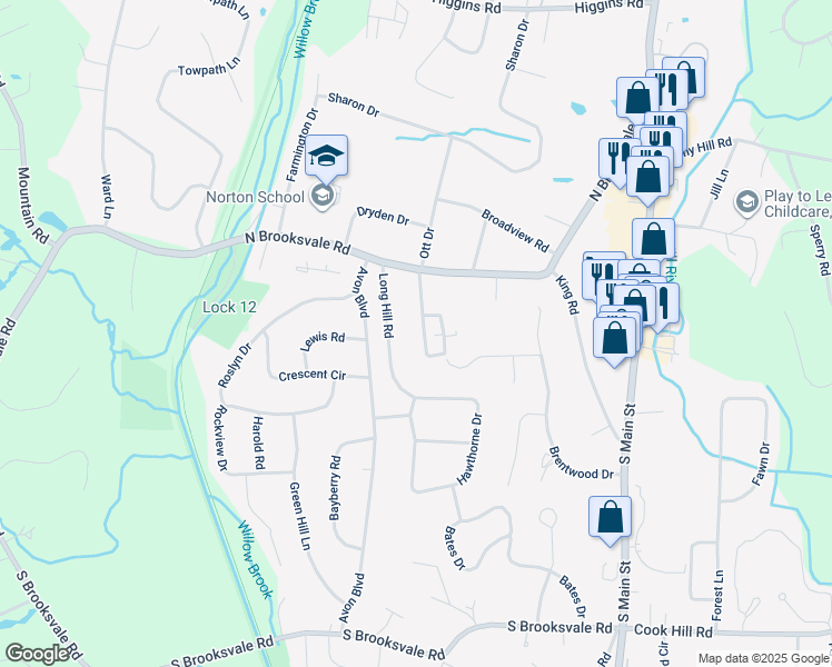 map of restaurants, bars, coffee shops, grocery stores, and more near 179 Hilltop Road in Cheshire