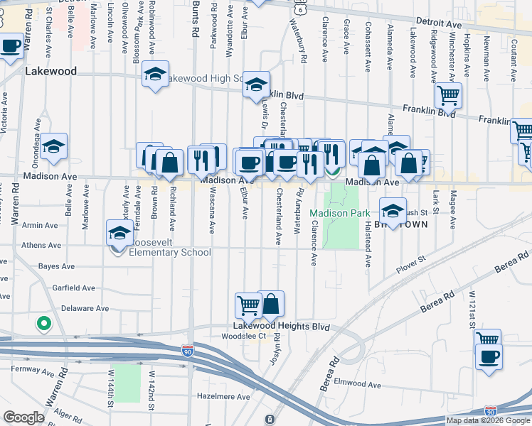 map of restaurants, bars, coffee shops, grocery stores, and more near 2066 Chesterland Avenue in Lakewood