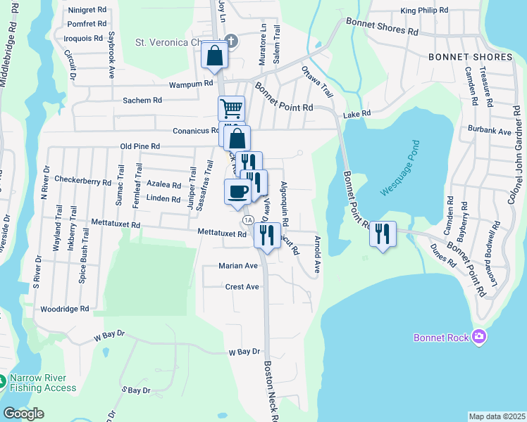 map of restaurants, bars, coffee shops, grocery stores, and more near 20 Bonnet View Drive in Narragansett