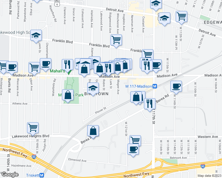 map of restaurants, bars, coffee shops, grocery stores, and more near Lark Street in Lakewood