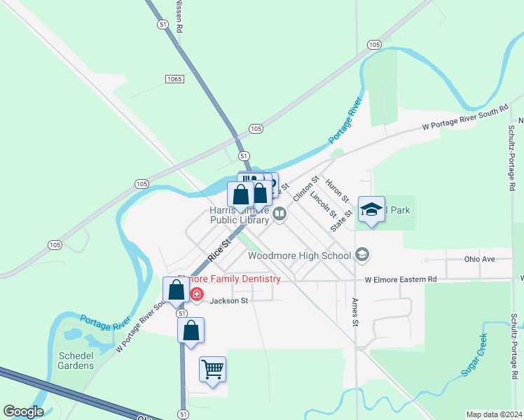 map of restaurants, bars, coffee shops, grocery stores, and more near 344 Rice Street in Elmore