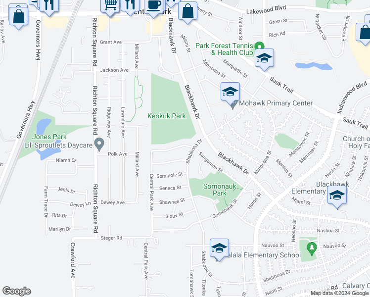 map of restaurants, bars, coffee shops, grocery stores, and more near 303 Sangamon Street in Park Forest