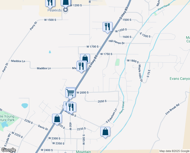 map of restaurants, bars, coffee shops, grocery stores, and more near 1881 South 300 West in Perry