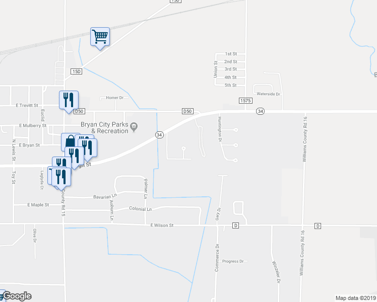 map of restaurants, bars, coffee shops, grocery stores, and more near 112 Sylvan Court in Bryan