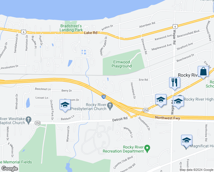 map of restaurants, bars, coffee shops, grocery stores, and more near 21727 Gatehouse Lane in Rocky River