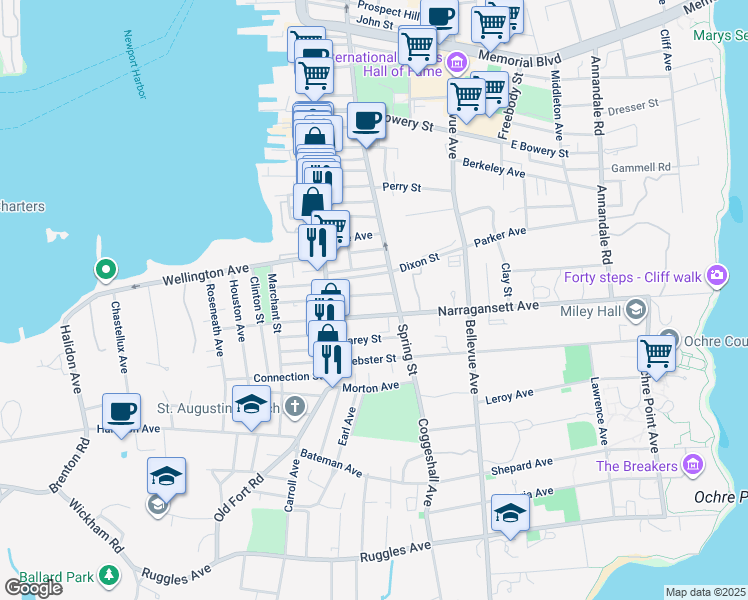 map of restaurants, bars, coffee shops, grocery stores, and more near 19 Narragansett Avenue in Newport
