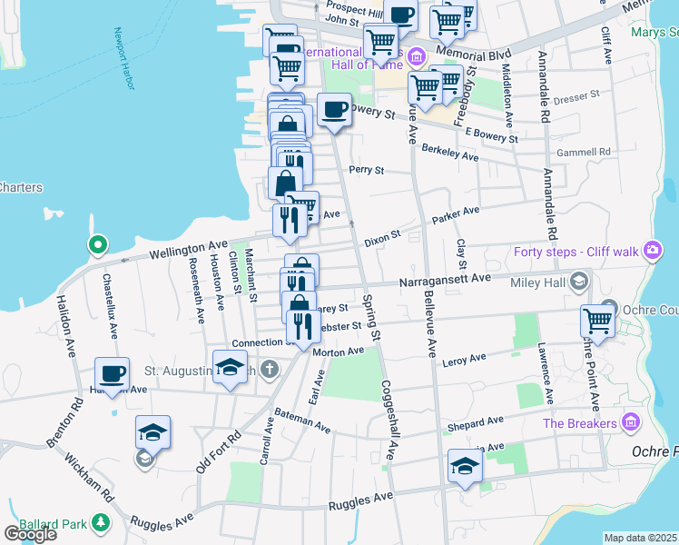 map of restaurants, bars, coffee shops, grocery stores, and more near 19 Narragansett Avenue in Newport