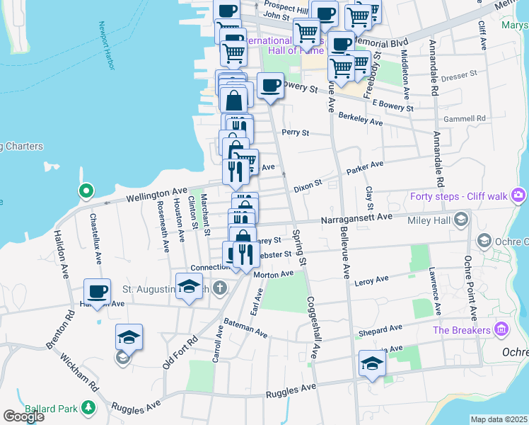 map of restaurants, bars, coffee shops, grocery stores, and more near 5 Narragansett Avenue in Newport