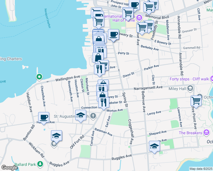 map of restaurants, bars, coffee shops, grocery stores, and more near 5 Narragansett Avenue in Newport