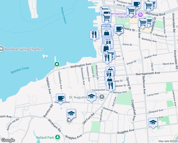 map of restaurants, bars, coffee shops, grocery stores, and more near 56 Houston Avenue in Newport
