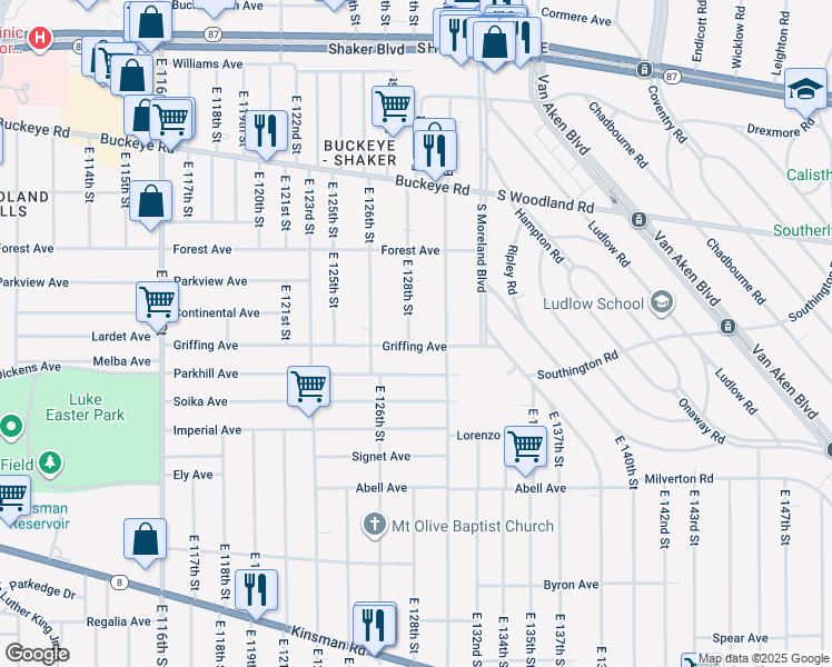 map of restaurants, bars, coffee shops, grocery stores, and more near 12902 Griffing Avenue in Cleveland