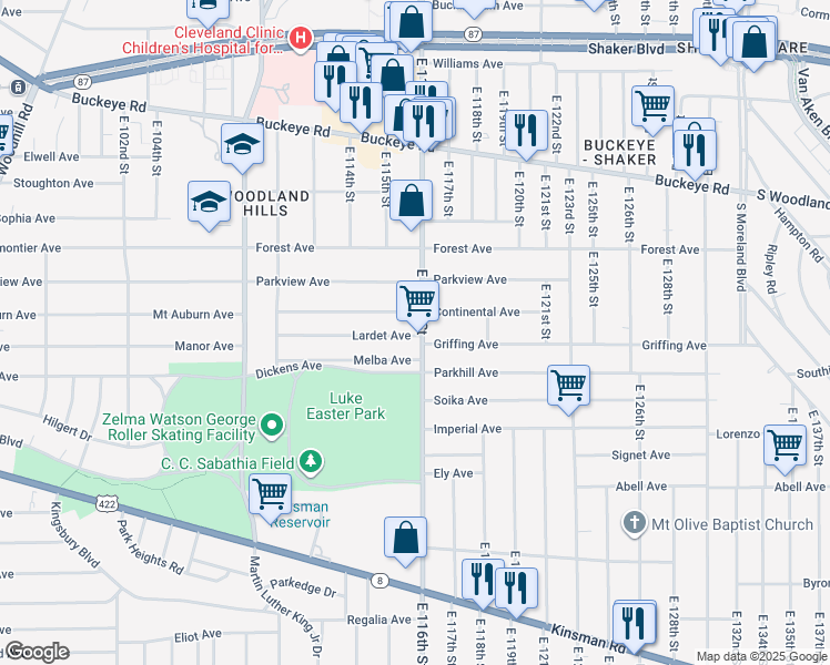 map of restaurants, bars, coffee shops, grocery stores, and more near in Cleveland