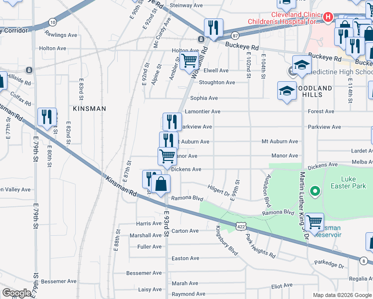 map of restaurants, bars, coffee shops, grocery stores, and more near 9428 Manor Avenue in Cleveland