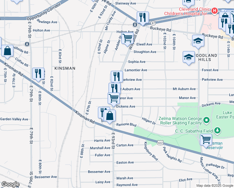 map of restaurants, bars, coffee shops, grocery stores, and more near 3089 East 93rd Street in Cleveland