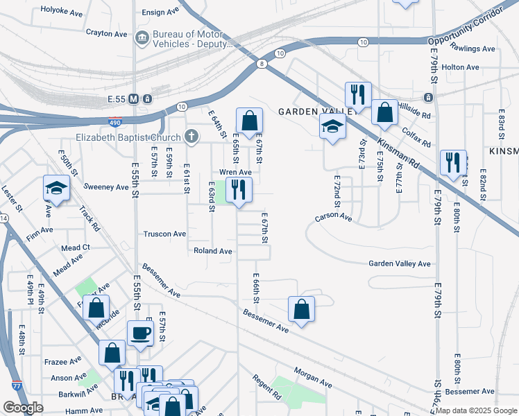 map of restaurants, bars, coffee shops, grocery stores, and more near 6619 Percy Avenue in Cleveland