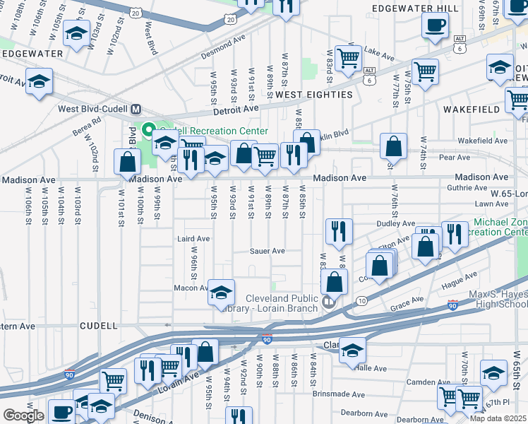map of restaurants, bars, coffee shops, grocery stores, and more near 2076 West 89th Street in Cleveland
