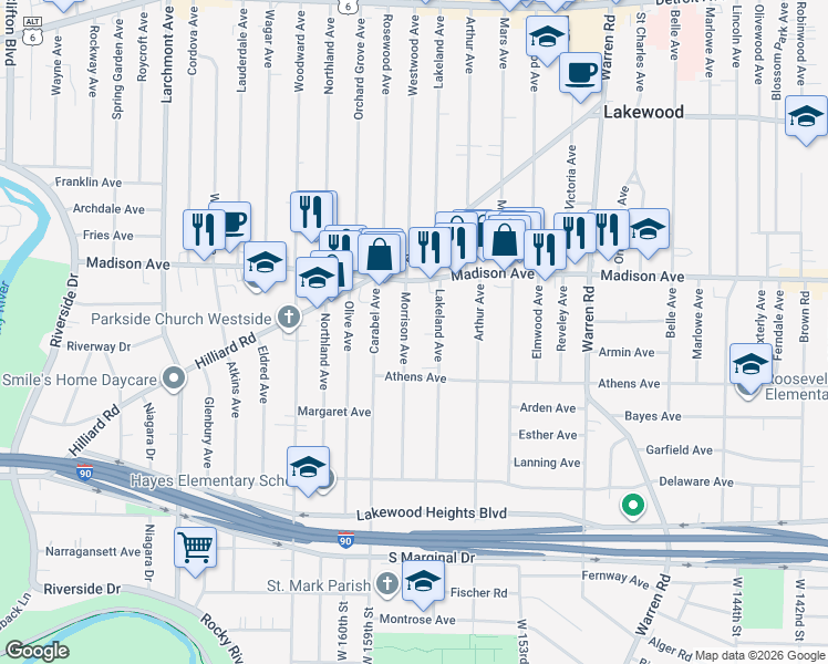map of restaurants, bars, coffee shops, grocery stores, and more near 2071 Morrison Avenue in Lakewood