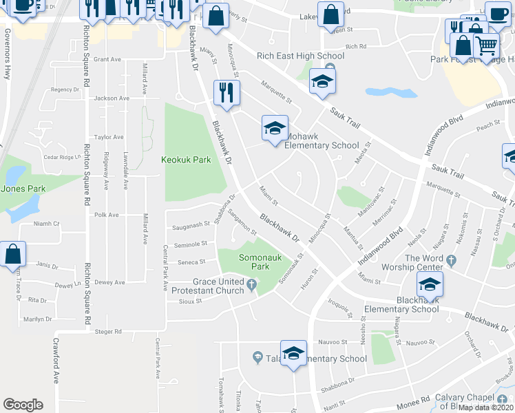map of restaurants, bars, coffee shops, grocery stores, and more near 259 Blackhawk Drive in Park Forest