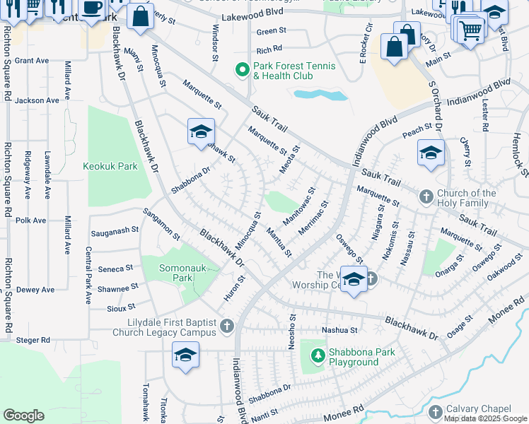 map of restaurants, bars, coffee shops, grocery stores, and more near 254 Minocqua Street in Park Forest