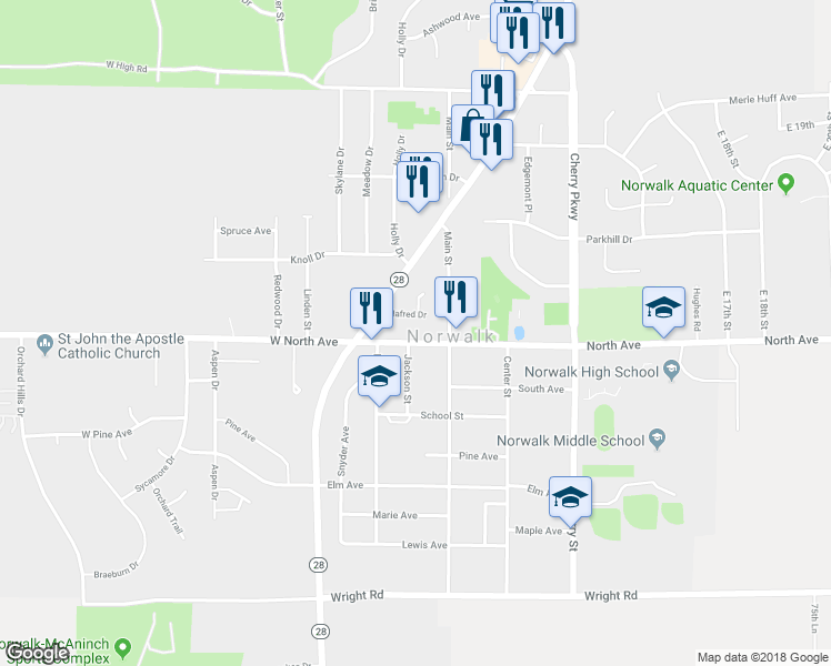 map of restaurants, bars, coffee shops, grocery stores, and more near 705 North Avenue in Norwalk