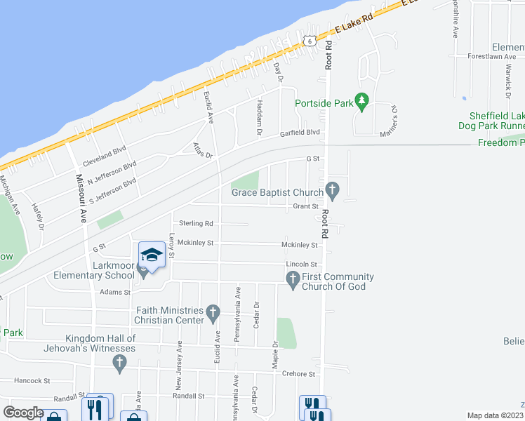 map of restaurants, bars, coffee shops, grocery stores, and more near 3178 Grant Street in Lorain