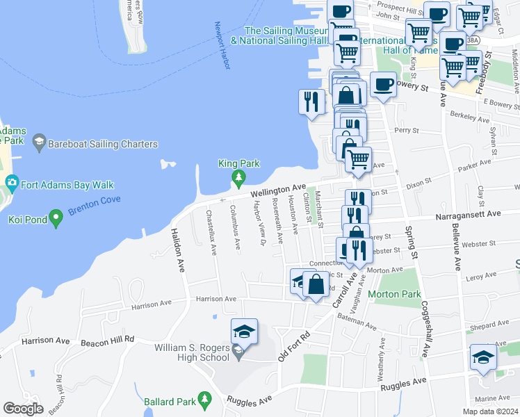 map of restaurants, bars, coffee shops, grocery stores, and more near 2 Harbor View Drive in Newport