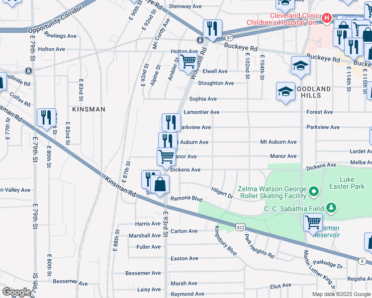 map of restaurants, bars, coffee shops, grocery stores, and more near 9428 Manor Avenue in Cleveland