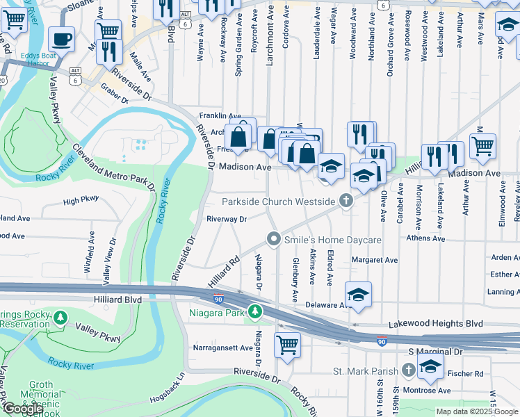 map of restaurants, bars, coffee shops, grocery stores, and more near 17319 Riverway Drive in Lakewood