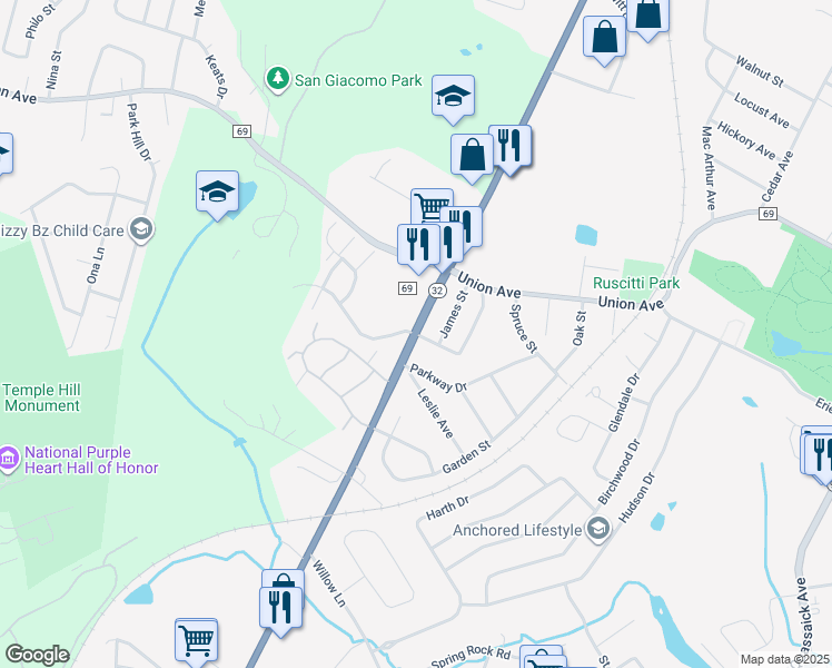 map of restaurants, bars, coffee shops, grocery stores, and more near Windsor Highway & Wall Street in New Windsor